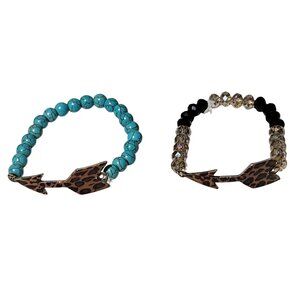 Boho Leopard Arrow Beaded Stretch Bracelets Blue Black Crystal Beads Set Of 2